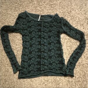Free People Lace Sheer Floral Long Sleeve Top Teal Black Women's Size XS